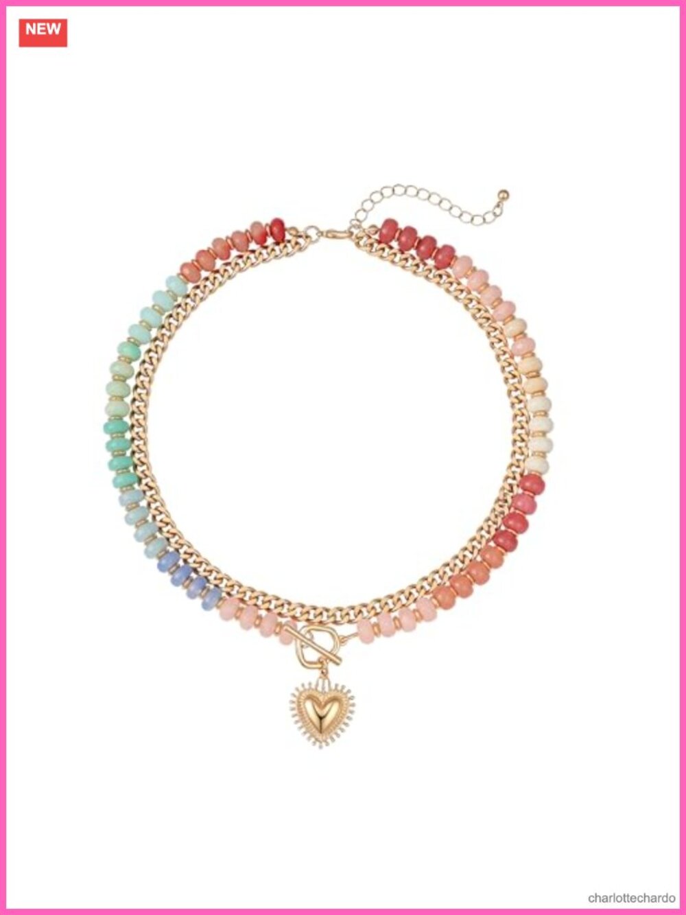 Layered Acrylic Bead Choker Necklace with 14k Gold Plated Heart Pendant for